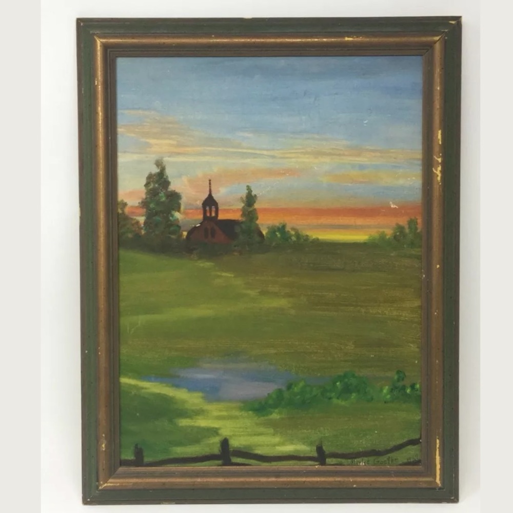 Vintage 1937 Church Landscape Painting Folk Art